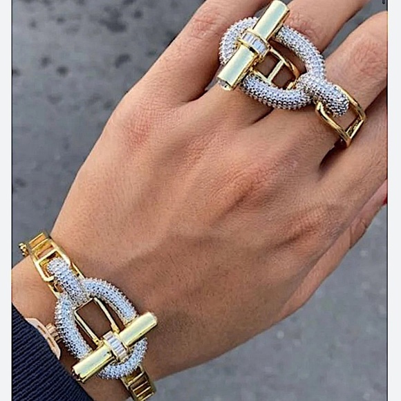 Gold Zircon Bangle Bracelet Two Finger Ring Set Luxury 18K Gold Plated - Picture 7 of 16